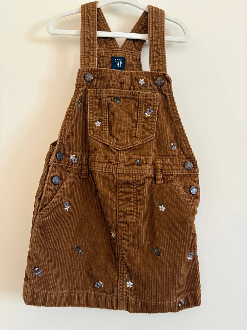GAP Brown Corduroy Floral Embroidered Overall Dress
